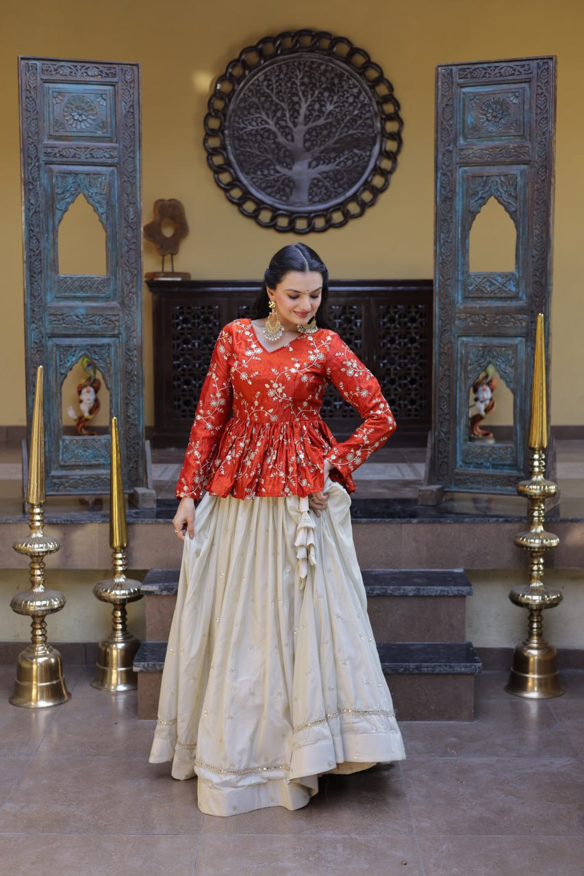 RangBhoomi Elegant Silk Embroidered Crop Top Set with Flared Lehenga and Sequined Detailing