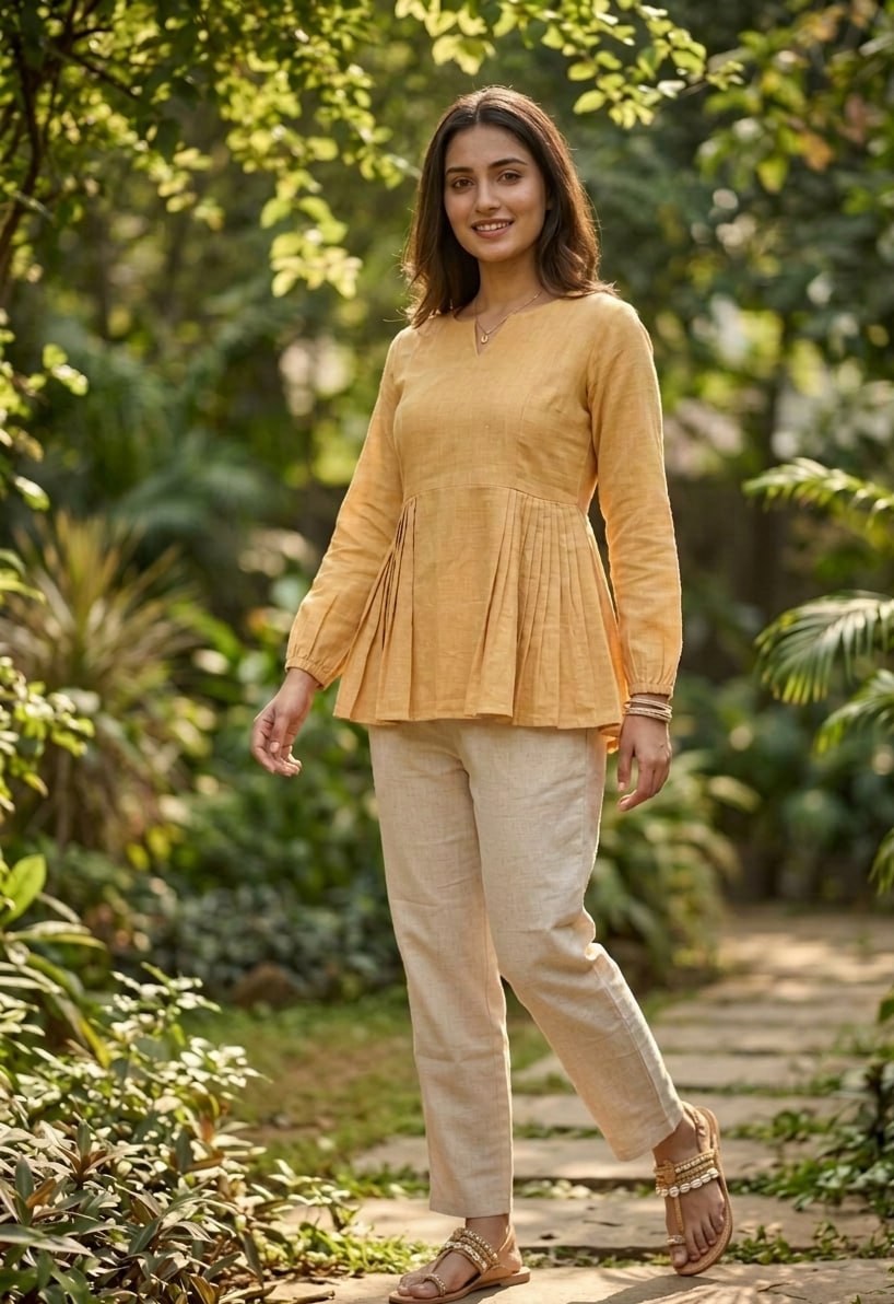 RangBhoomi Elegant Linen Cotton Top and Pant Set – Full-Sleeve Frill Stitch Top with Elastic Waist Pants in Parrot, Peach, and Yellow