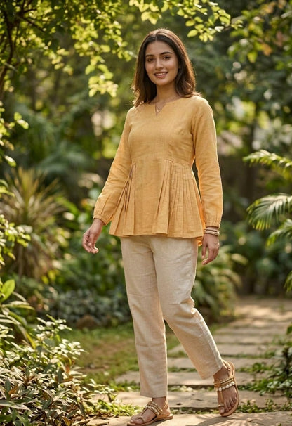 RangBhoomi Elegant Linen Cotton Top and Pant Set – Full-Sleeve Frill Stitch Top with Elastic Waist Pants in Parrot, Peach, and Yellow