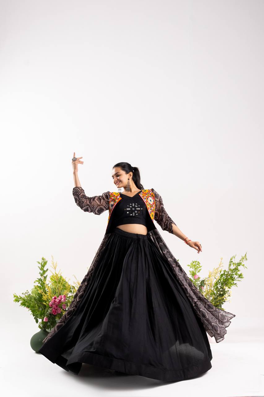 RangBhoomi Stunning Navratri Lehenga Choli with Shrug — Mirror & Gamthi Work