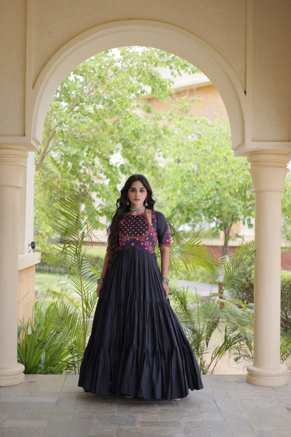 RangBhoomi Navratri Embroidered Kora Cotton Gown — 54" Festive Flair