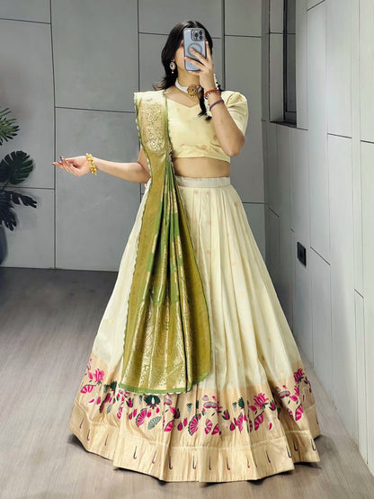 Exquisite Paithani Silk Lehenga with Vibrant Colorful Motifs, Iconic Gold Zari Border, and Signature Satin Silk Dupatta