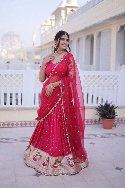 Elegant Three-Piece Traditional Lehenga Choli Set with Dupatta in Pink and Wine