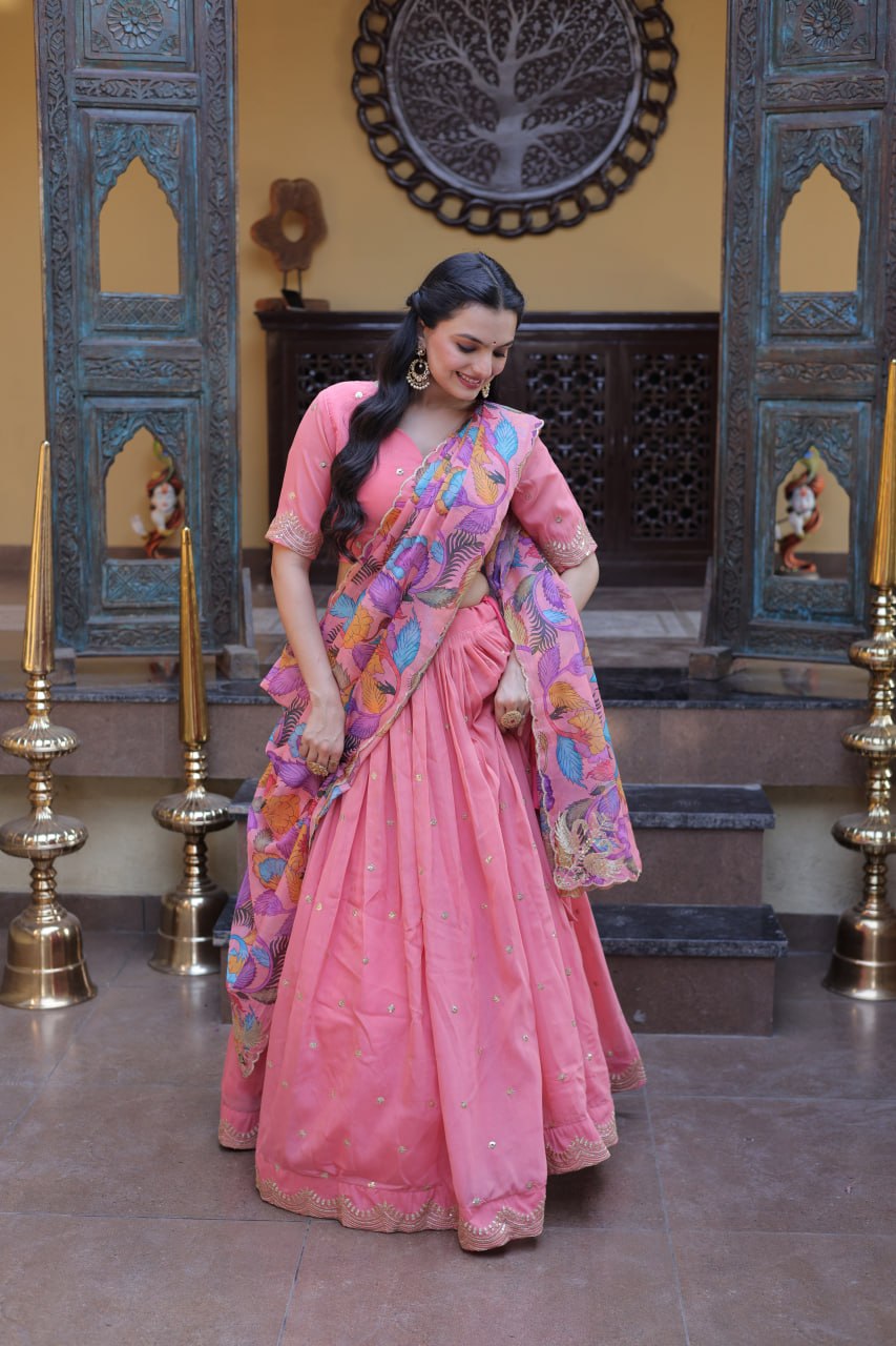 Elegant Lehengha Choli Set with Embroidered Cosmos Silk and Printed Tabby Silk Dupatta