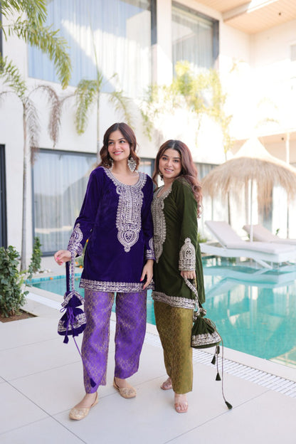 Ready-to-Wear Velvet Top and Pant Set with Embroidered Batwa from RangBhoomi Collection