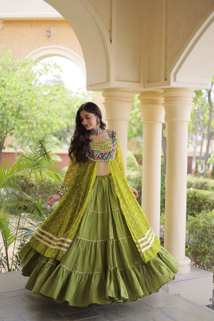 RangBhoomi Navratri 2026 Lehenga & Kurti Set – Kora Cotton Lehenga with Bandhni Faux Georgette Kurti (L, 40" Stitched)