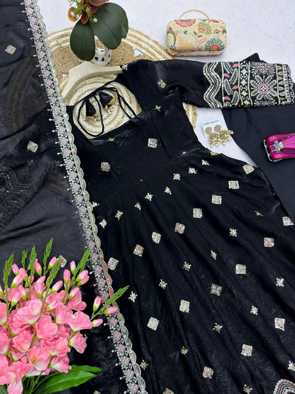 RangBhoomi Designer Party Wear Two-Tone Fandy Silk Embroidered Gown with Dupatta & Plazo