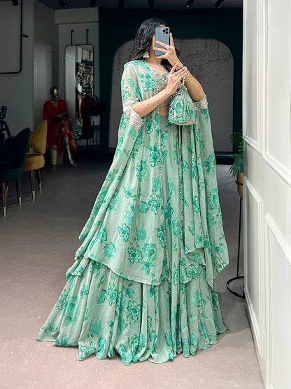 RangBhoomi Pastel Cape Style Lehenga - Ready-to-Wear Embroidered Set