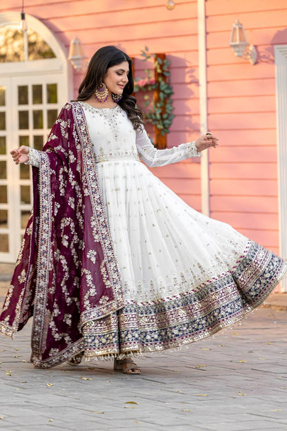 Elegant Party Wear Heavy Faux Georgette Gown with Embroidered Dupatta and Bottom Set
