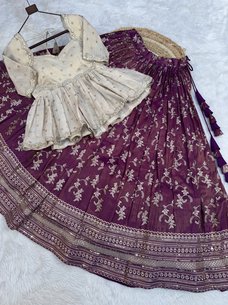 RangBhoomi Designer Dyeable Viscose Jacquard Lehenga Choli Set - Parrot & Wine