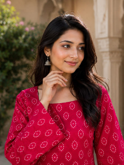 RangBhoomi Premium Cotton Bandhej Printed Top and Linen Cotton Farsi Style Pant Set