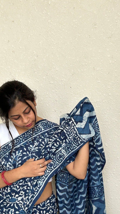 Close-up of blue and white block-printed Ready to Wear Cotton Saree.