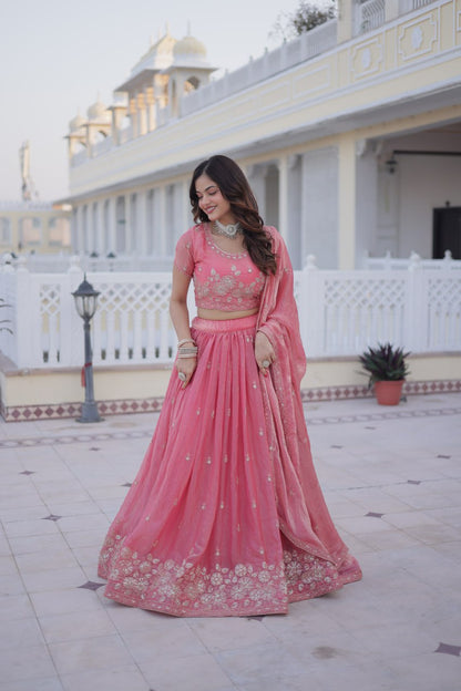 Elegant Lehenga Choli Set with Heavy Sequins and Zari Thread Embroidery in Fendi Silk