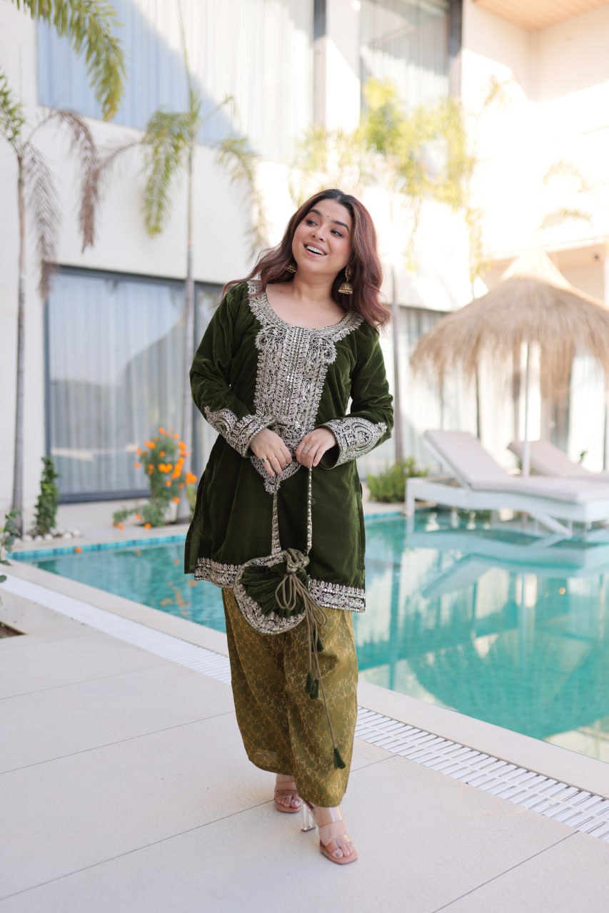 Ready-to-Wear Velvet Top and Pant Set with Embroidered Batwa from RangBhoomi Collection