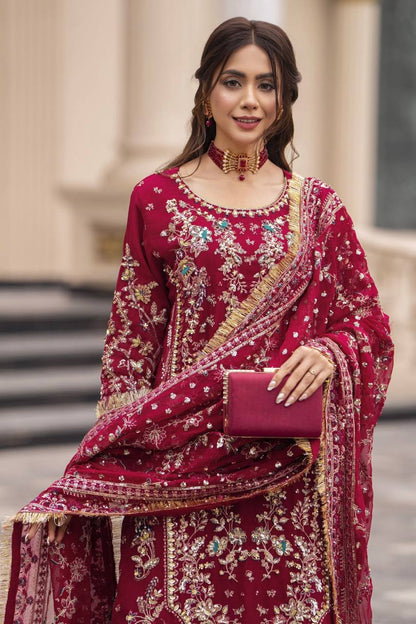 Elegant Ready-to-Wear Designer Set in Faux Georgette with Intricate Heavy Embroidery and Sequins - Fully Stitched Top, Bottom, and Dupatta