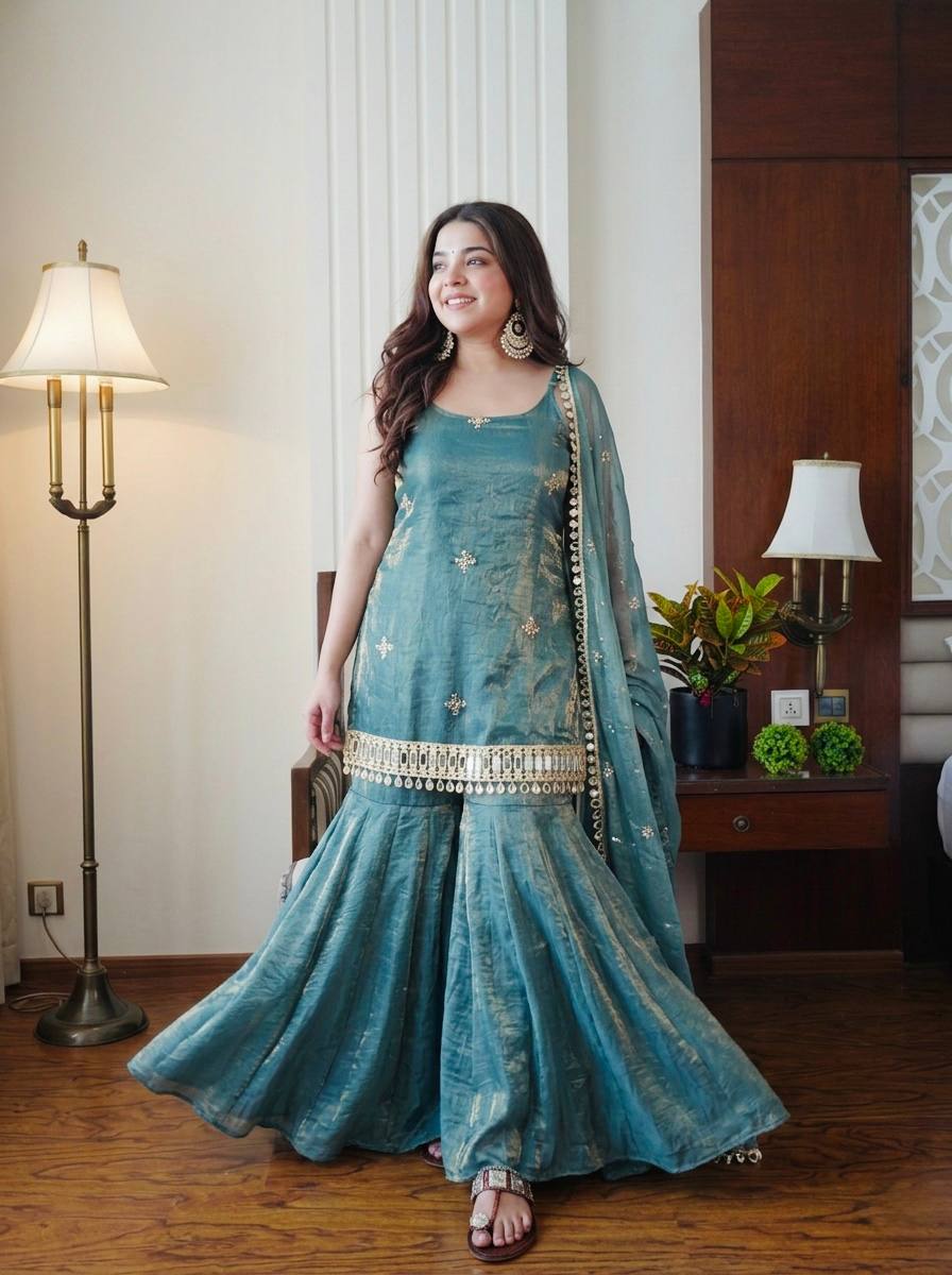 Women's Elegant Ethnic Ensemble with Embroidered Mirror Work - Ready to Wear