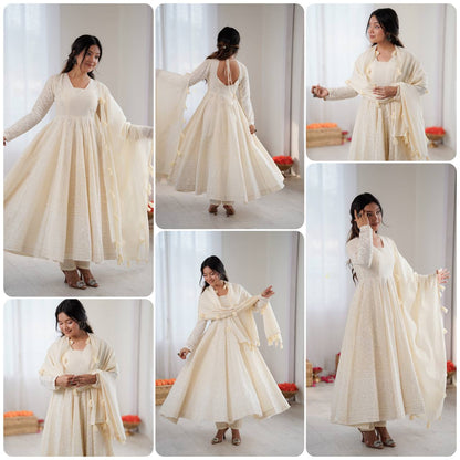 Elegant Anarkali Gown Set with Bottom and Dupatta – Pure Kora Cotton, Fully Stitched, Ready to Wear