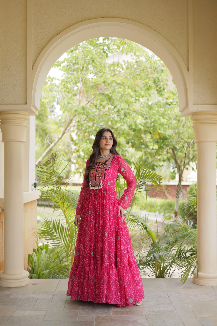 RangBhoomi Bandhani & Kutchi Patchwork Faux Georgette Gown — Festive Navratri Edition