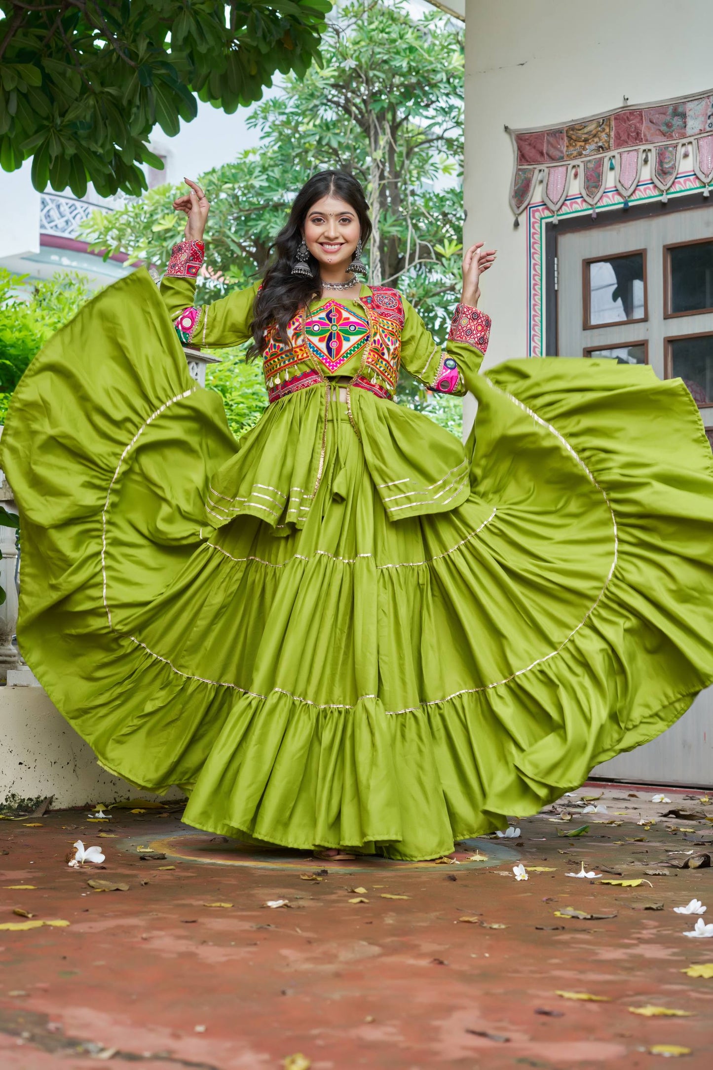 Navratri Special Gamthi Embroidery Lehenga Choli with Mirror and Ribbon Lace – Pure Cotton, Fully Stitched, 9 Meter Flair