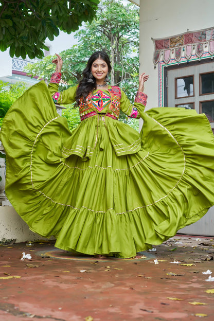 Navratri Special Gamthi Embroidery Lehenga Choli with Mirror and Ribbon Lace – Pure Cotton, Fully Stitched, 9 Meter Flair