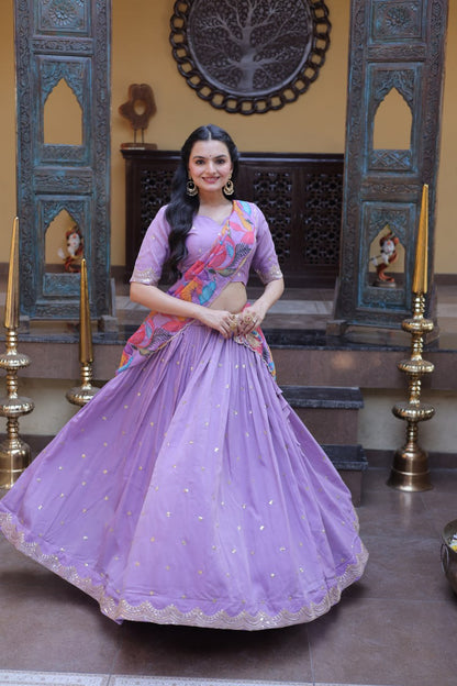 Elegant Lehengha Choli Set with Embroidered Cosmos Silk and Printed Tabby Silk Dupatta