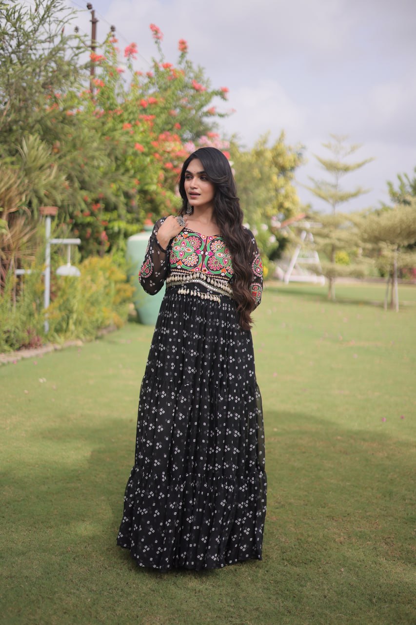 RangBhoomi Bandhani & Kutchi Patchwork Faux Georgette Gown — Full Sleeve, 12m Flair, Cotton Lining