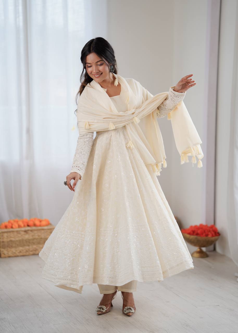 Elegant Anarkali Gown Set with Bottom and Dupatta – Pure Kora Cotton, Fully Stitched, Ready to Wear
