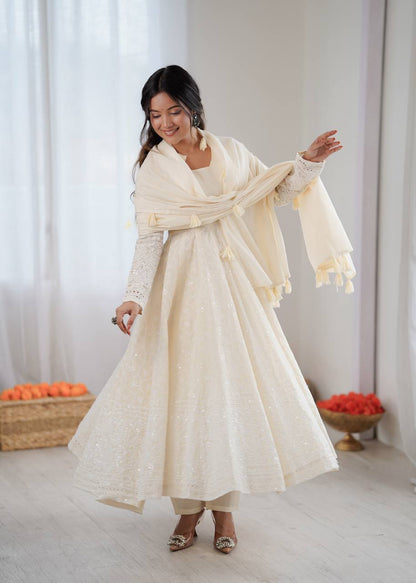 Elegant Anarkali Gown Set with Bottom and Dupatta – Pure Kora Cotton, Fully Stitched, Ready to Wear