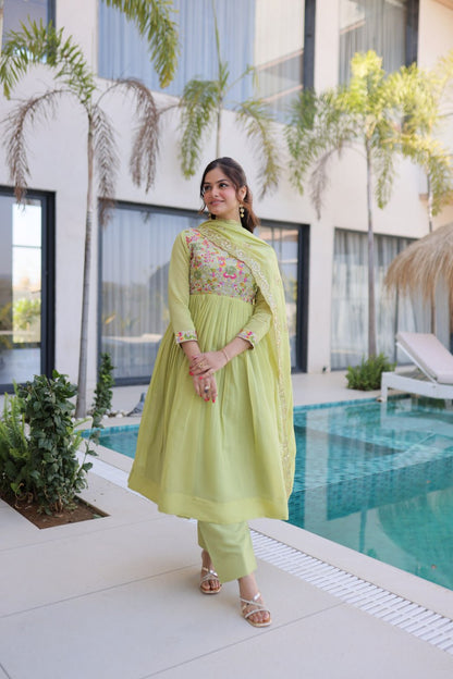 Elegant Premium Ready-to-Wear Gown Set with Pants and Dupatta - Beaded Mal Chanderi Embroidery