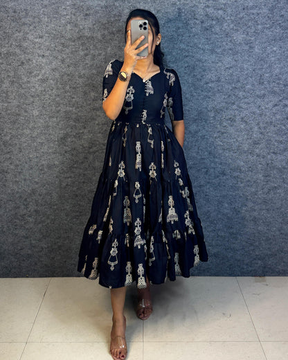 RangBhoomi Exclusive Hand-Block Printed Pure Cotton Warli Art Maxi Gown with Side Pocket