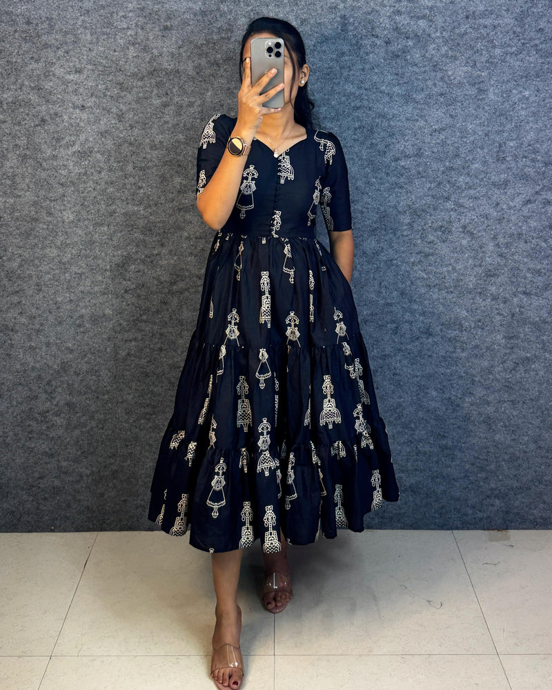 RangBhoomi Exclusive Hand-Block Printed Pure Cotton Warli Art Maxi Gown with Side Pocket
