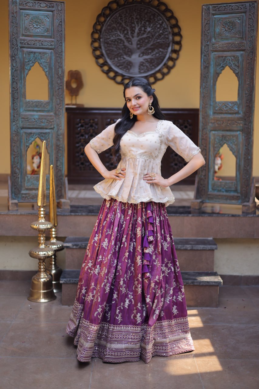 RangBhoomi Designer Dyeable Viscose Jacquard Lehenga Choli Set - Parrot & Wine