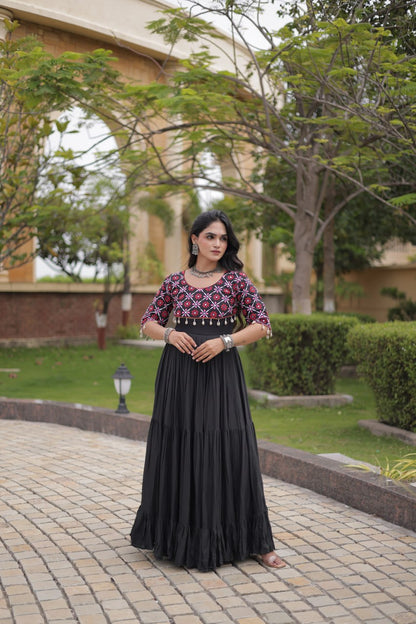 RangBhoomi Navratri Embroidered Kora Cotton Gown — 54" Length, Half Sleeve (Maroon / Black)