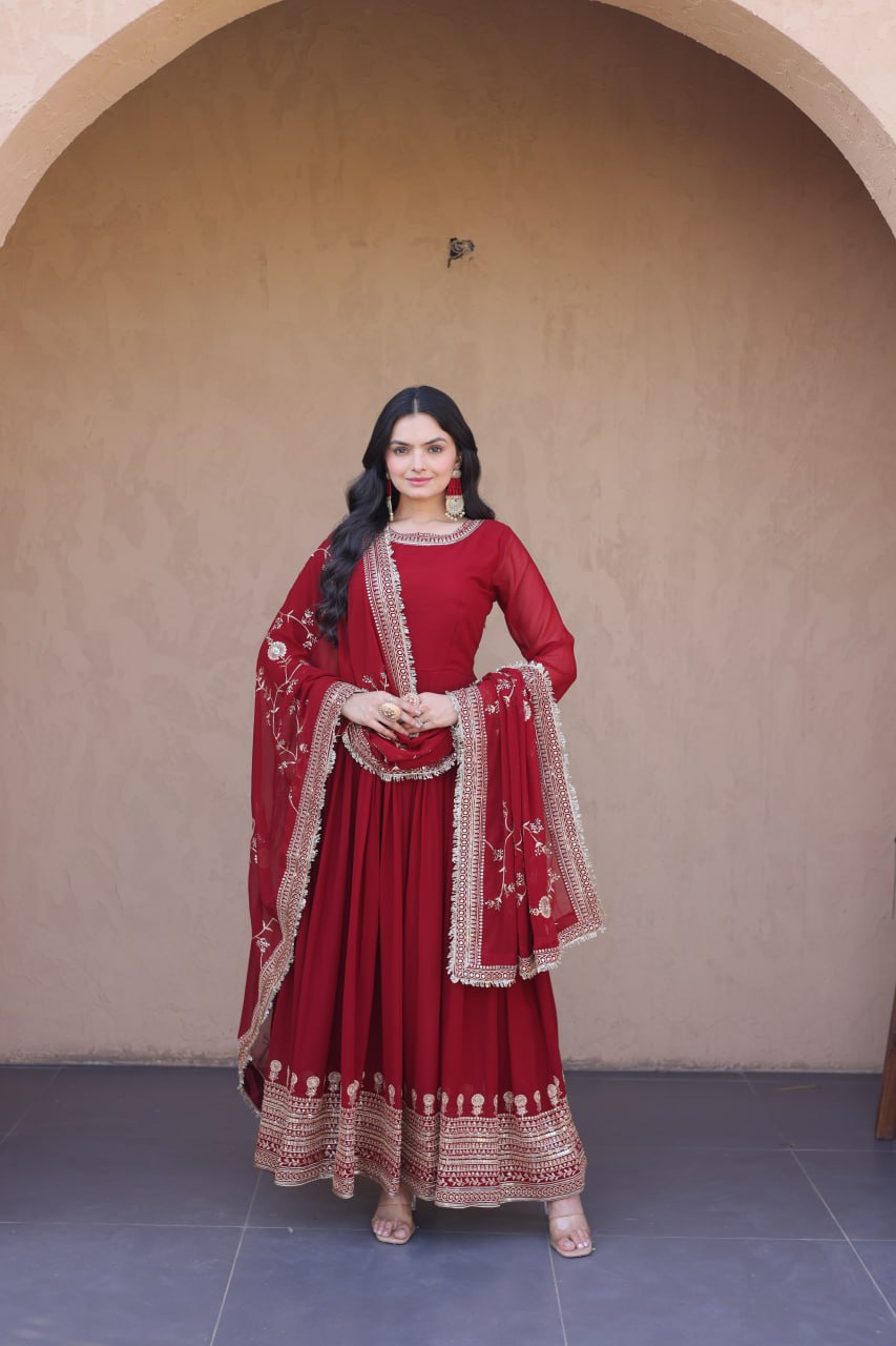 RangBhoomi Premium Maroon Embroidered Faux Blooming Ready‑Made Gown with Dupatta