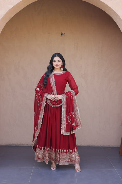 RangBhoomi Premium Maroon Embroidered Faux Blooming Ready‑Made Gown with Dupatta