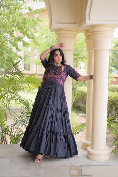 RangBhoomi Navratri Embroidered Kora Cotton Gown — 54" Festive Flair