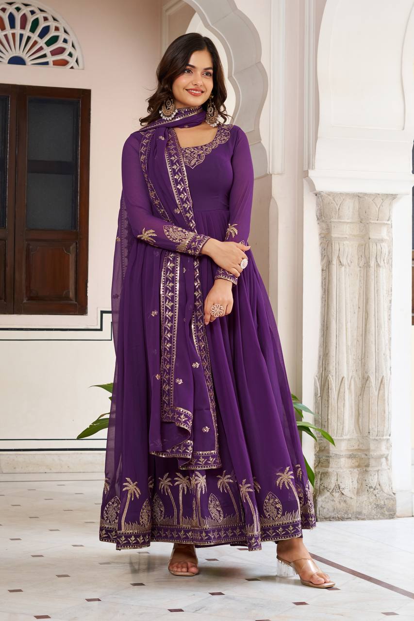 RangBhoomi Elegant SP Series Gown Set with Realistic Modeling - Faux Georgette & Microfiber Fabric, Thread and Sequence Embroidery