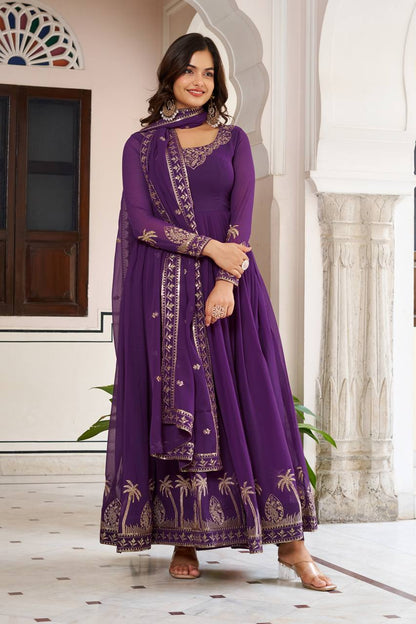 RangBhoomi Elegant SP Series Gown Set with Realistic Modeling - Faux Georgette & Microfiber Fabric, Thread and Sequence Embroidery