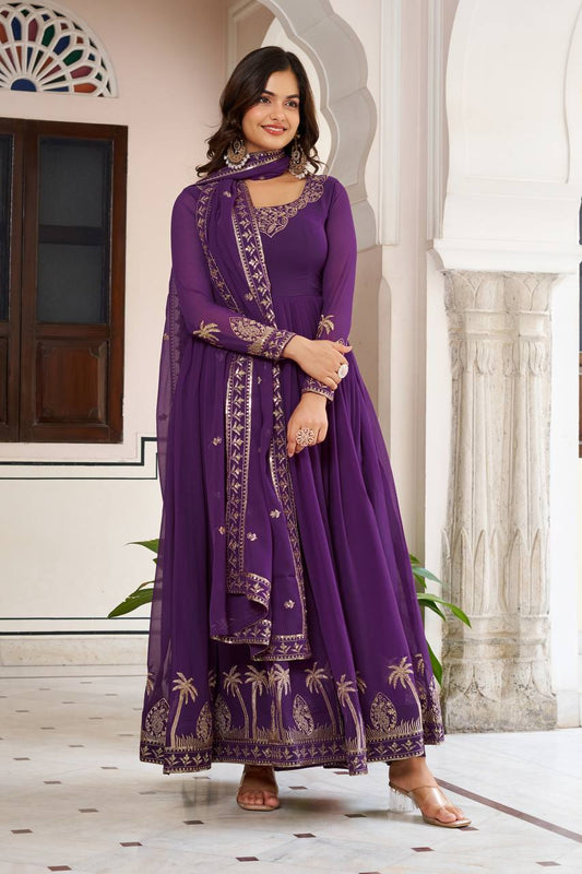 RangBhoomi Elegant SP Series Gown Set with Realistic Modeling - Faux Georgette & Microfiber Fabric, Thread and Sequence Embroidery