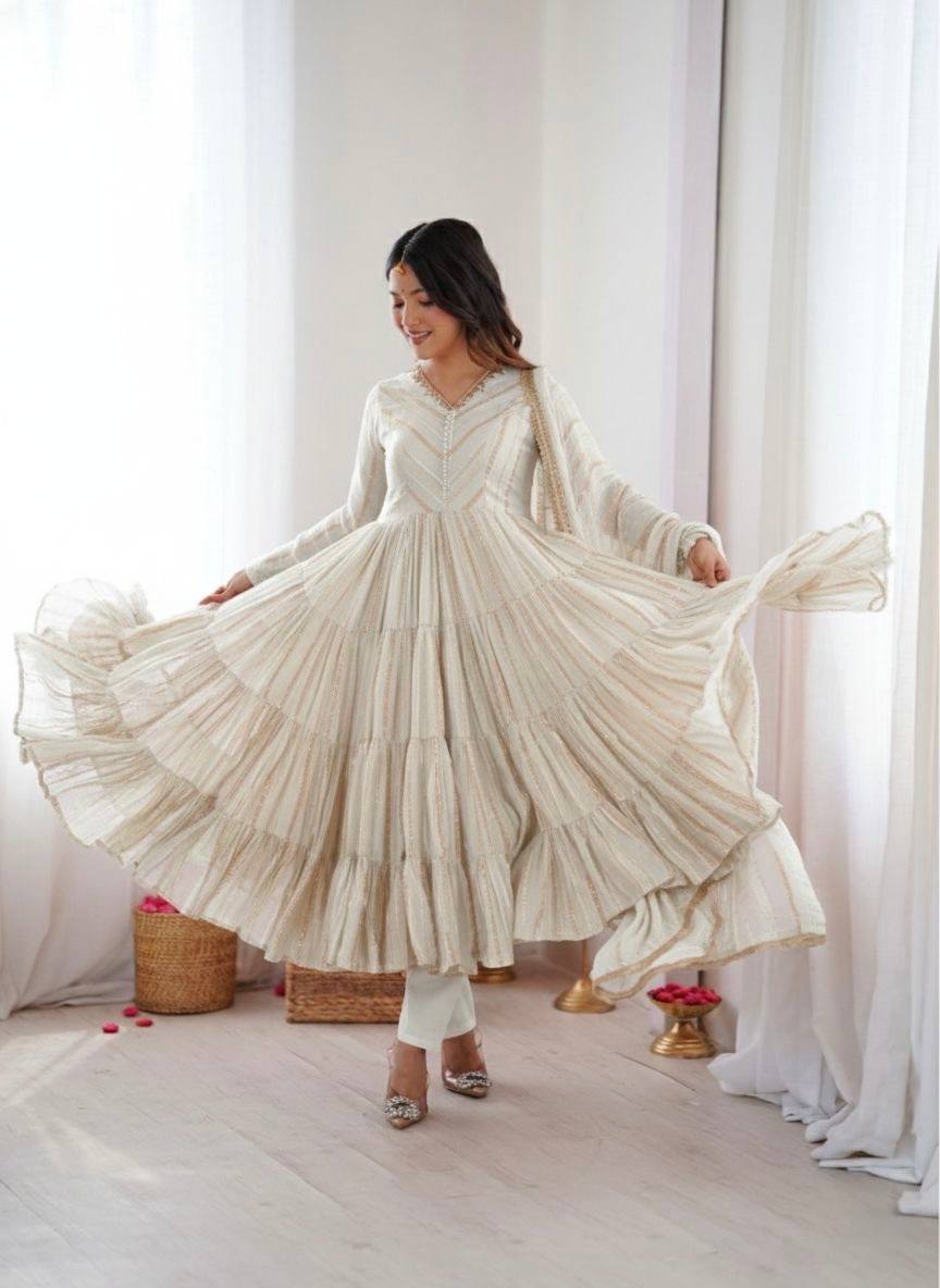 RangBhoomi Women’s Ethnic Ruffle Gown with Mirror Work and Matching Dupatta