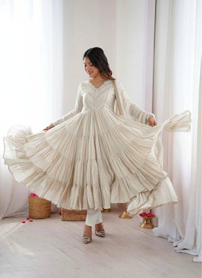 RangBhoomi Women’s Ethnic Ruffle Gown with Mirror Work and Matching Dupatta