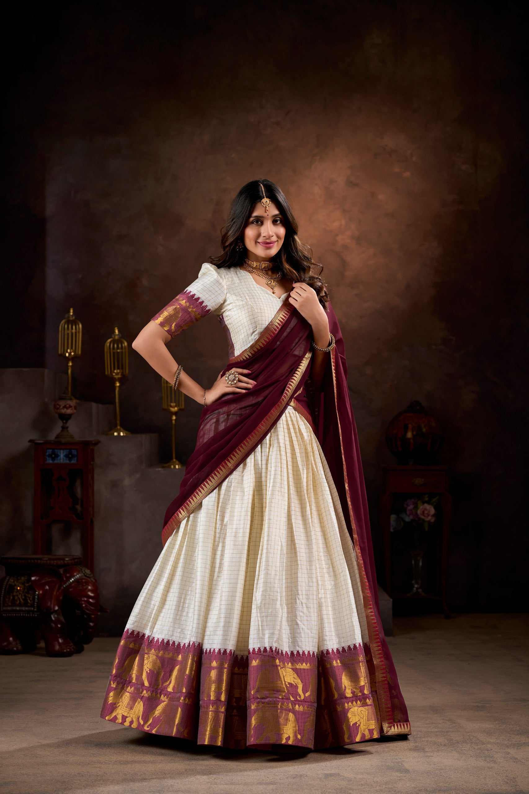 Traditional Cotton Polyblend Embroidered Lehenga Skirt with Unstitched Blouse and Flowing Georgette Scarf