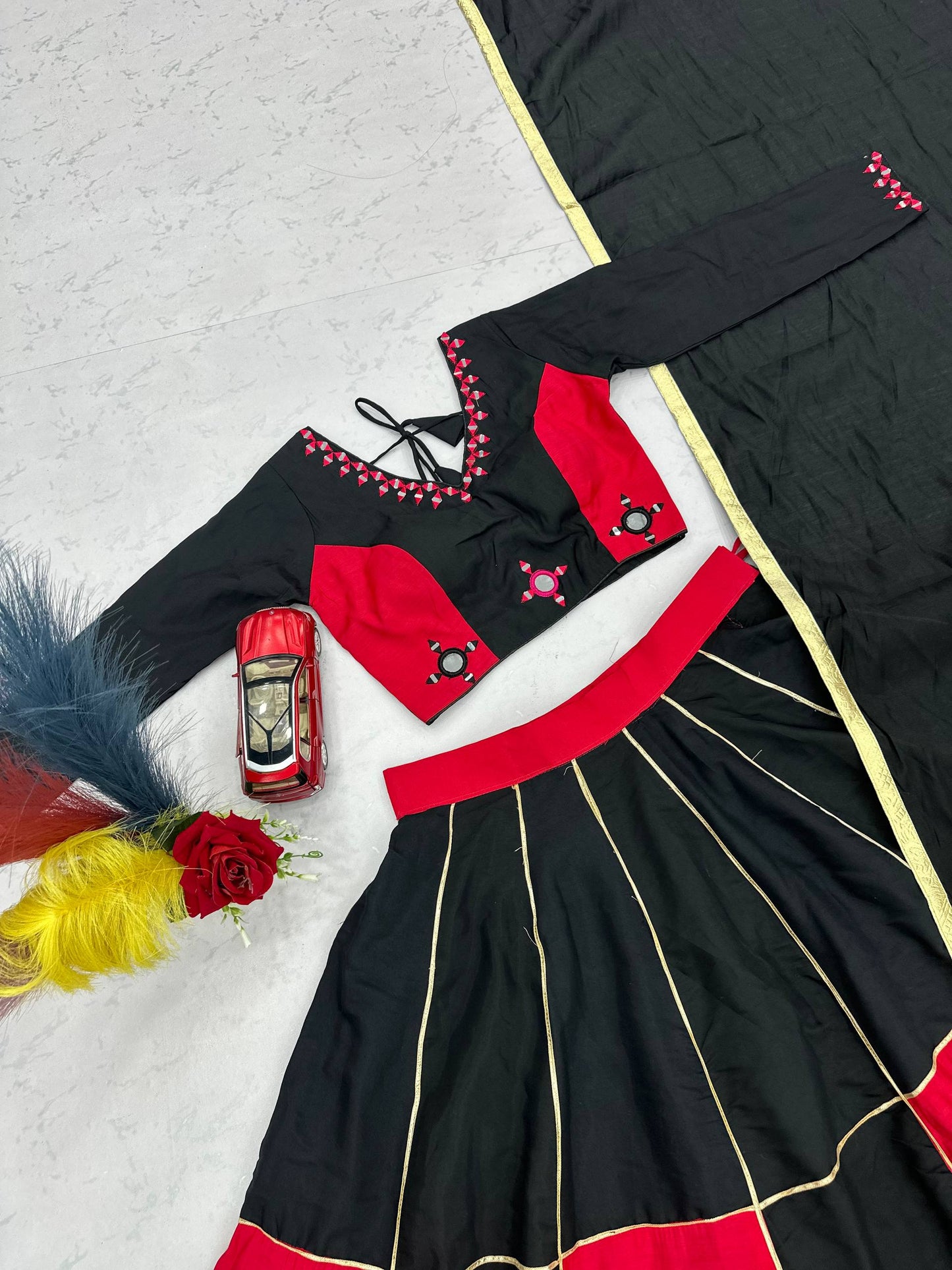 RangBhoomi Navratri Special Pure Cotton Lehenga Choli with Heavy Mirror & Gotapatti Work (Full-Stitched, 6m Flair)