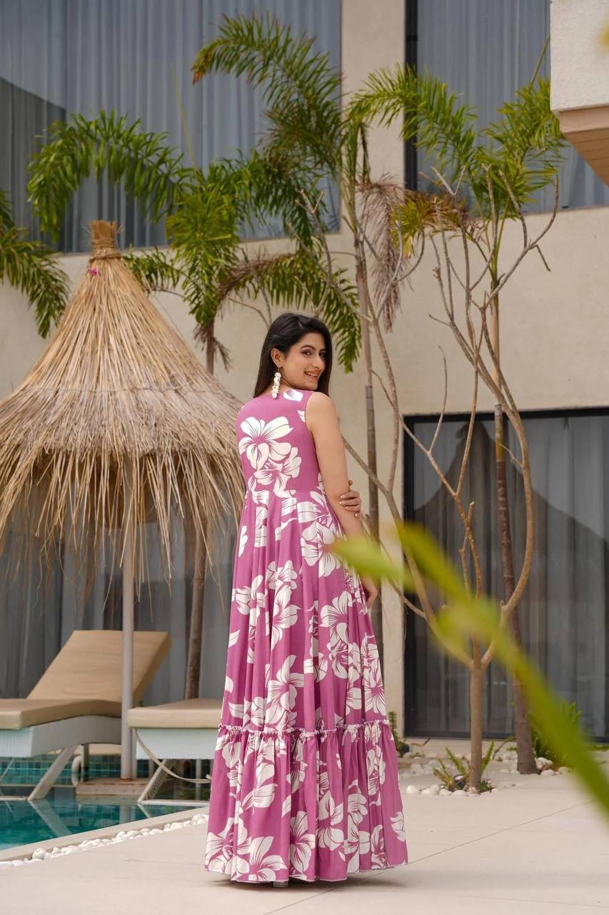 Back view of pink blossom cotton dress, South Indian style, with hibiscus print.