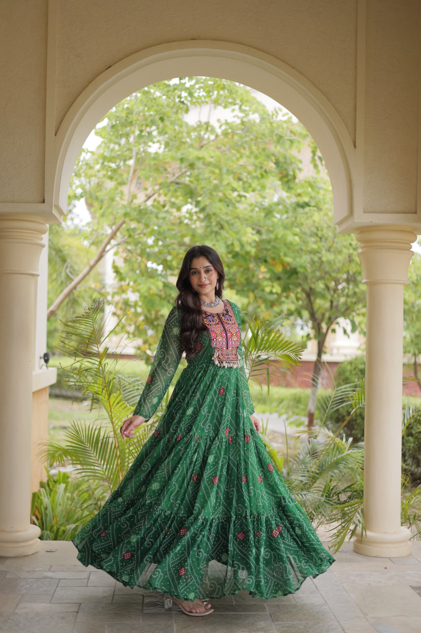 RangBhoomi Bandhani & Kutchi Patchwork Faux Georgette Gown — Festive Navratri Edition
