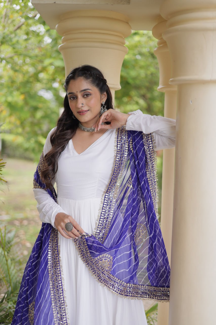 RangBhoomi Navratri Gown & Dupatta Collection 2026 – Full-Sleeve V-Neck Reyon Gown with Georgette Dupatta