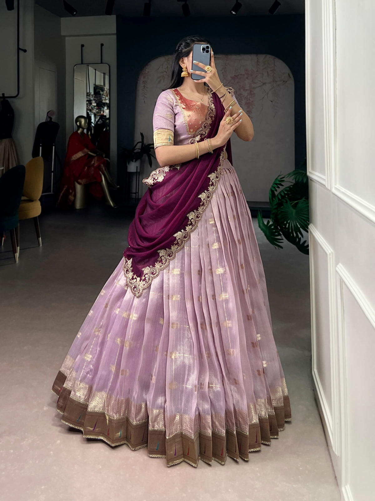 Woven Grace Embroidered Lehenga Set with Royal Paithani Borders and Elegant Pastel Hues