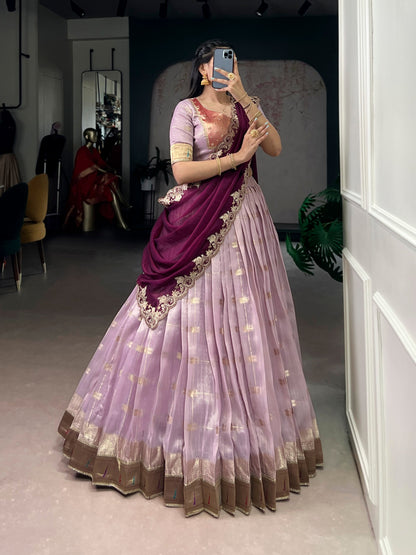 Woven Grace Embroidered Lehenga Set with Royal Paithani Borders and Elegant Pastel Hues