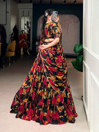 Elegant Floral Marble Print Lehenga Choli Set with Handwork and Lace Border Dupatta