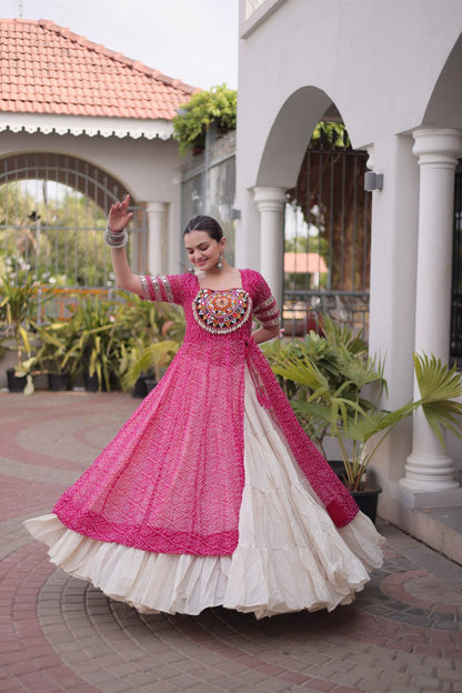 RangBhoomi Navratri 2026 Bandhani Lehenga Set — Full-Stitched Kora Cotton Lehenga with Faux Georgette Kurti